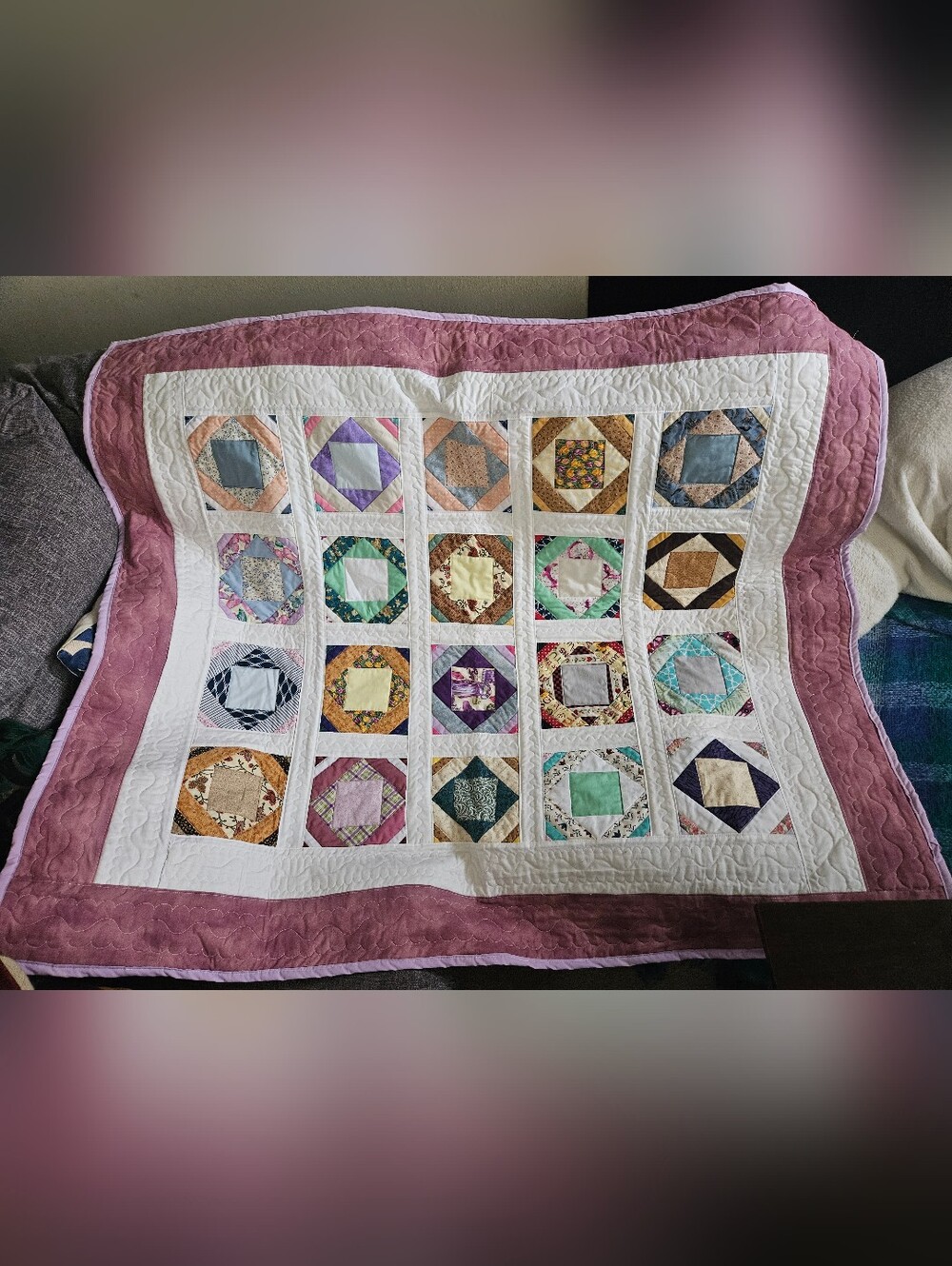 Handmade Cotton Box Of Flowers Throw Quilt. 55x50 Inches